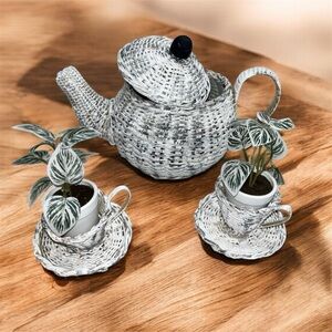 Wicker teapot and 2 cups attached to saucers Vintage 9.5" shabby chic cottage